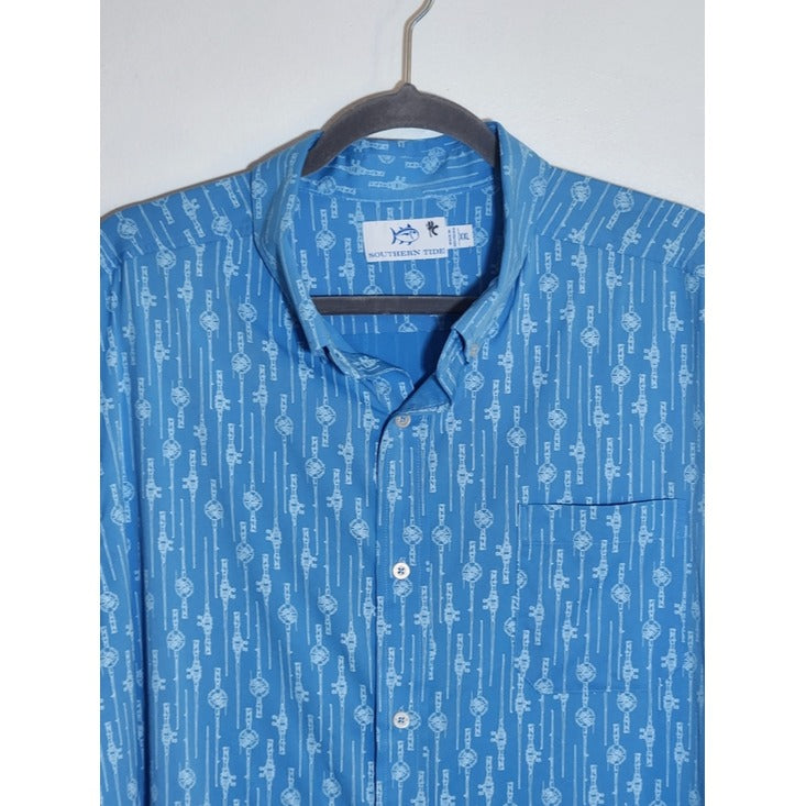Southern Tide Blue Fishing Rod Print Button Down Shirt Size XXL