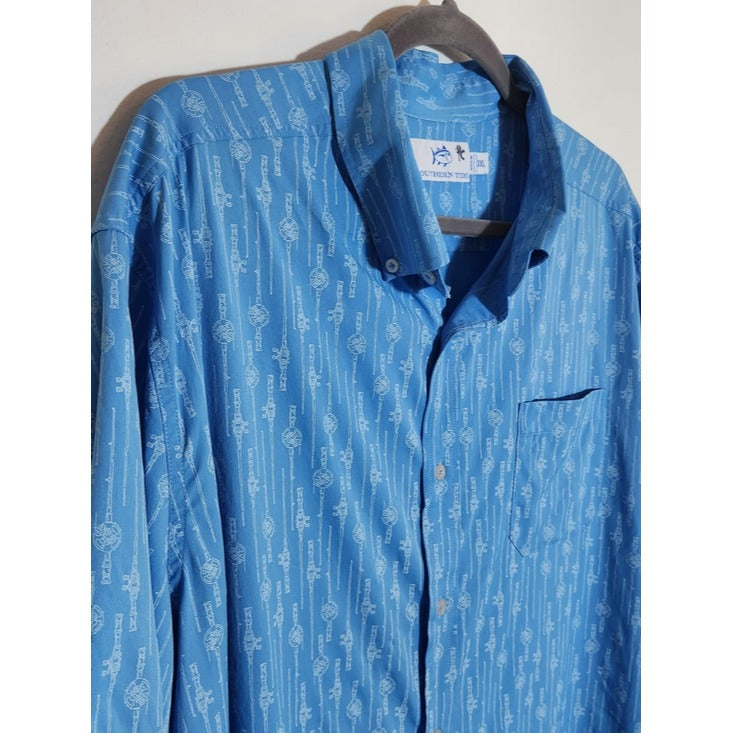 Southern Tide Blue Fishing Rod Print Button Down Shirt Size XXL