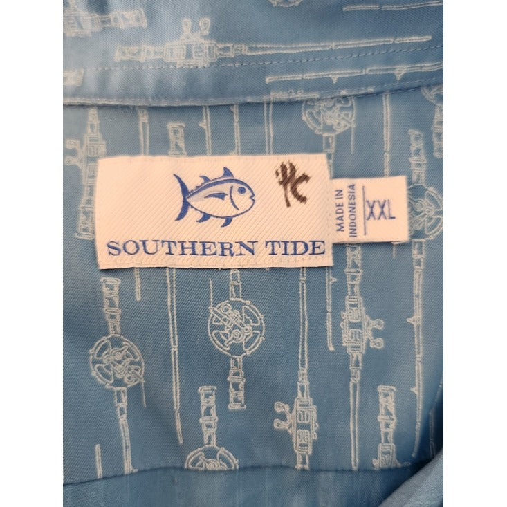 Southern Tide Blue Fishing Rod Print Button Down Shirt Size XXL