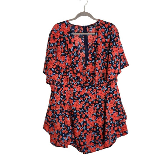 Boohoo Red and Blue Floral Print V-Neck Short Romper Size 20