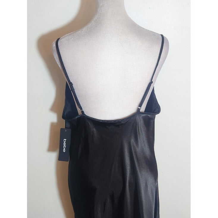 Bebe Black Satin Y2K Midi Slip Dress Size Large NWT