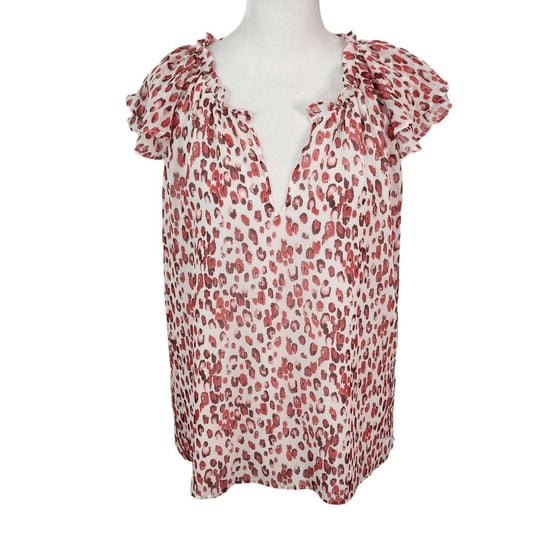Banana Republic Red Print Blouse Size XS Preppy Red Print Top Ruffle Sleeves