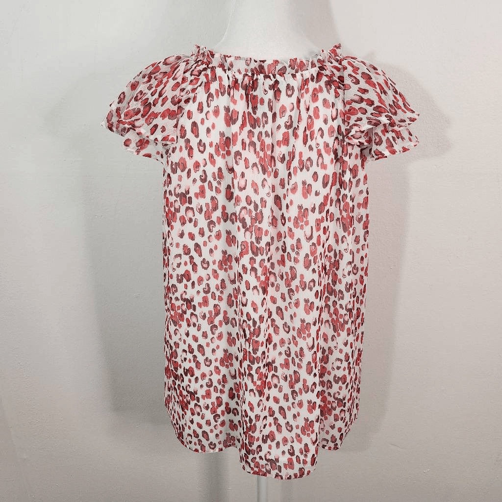 Banana Republic Red Print Blouse Size XS Preppy Red Print Top Ruffle Sleeves
