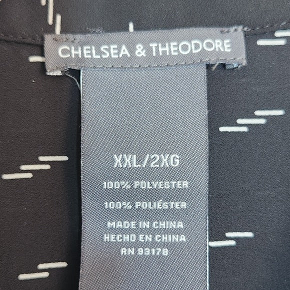 Chelsea & Theodore Black and Cream Print Semi-Sheer Button-Up Blouse Size XXL