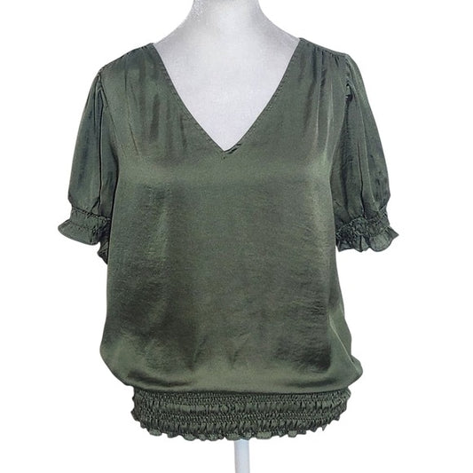 1 State Olive Green Satin Top with Smocking Size Small Green Blouse