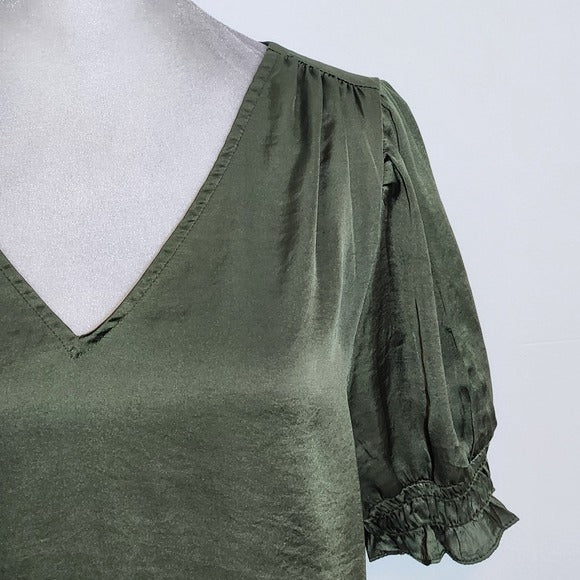 1 State Olive Green Satin Top with Smocking Size Small Green Blouse