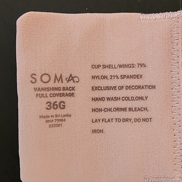 Soma Adobe Rose Bra Size 36G Vanishing Back Full Coverage
