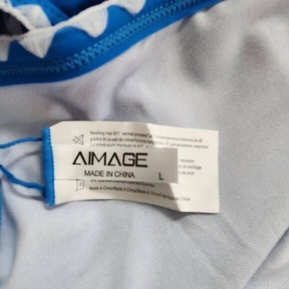 AI'MAGE Blue Bikini with White Trim and High Waist Bottoms NWT Size Large