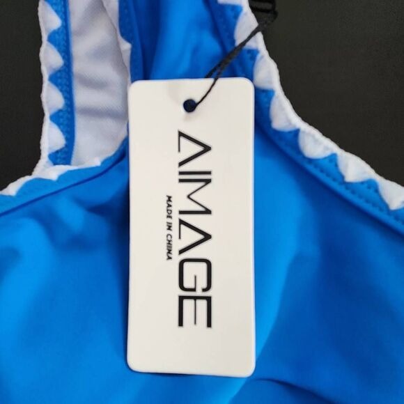 AI'MAGE Blue Bikini with White Trim and High Waist Bottoms NWT Size Large