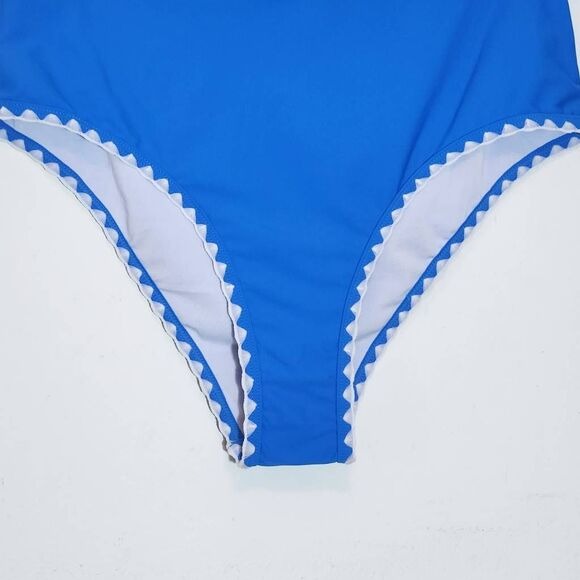 AI'MAGE Blue Bikini with White Trim and High Waist Bottoms NWT Size Large