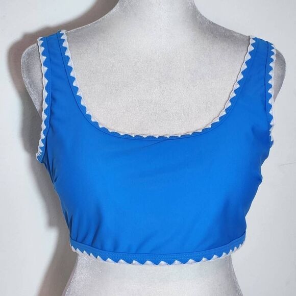 AI'MAGE Blue Bikini with White Trim and High Waist Bottoms NWT Size Large