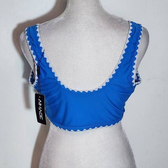 AI'MAGE Blue Bikini with White Trim and High Waist Bottoms NWT Size Large