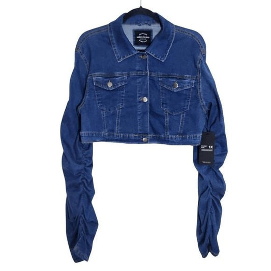 American Bazi Cropped Denim Jacket Size 1X Scrunched Sleeve Jean Jacket New