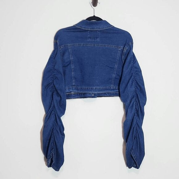 American Bazi Cropped Denim Jacket Size 1X Scrunched Sleeve Jean Jacket New