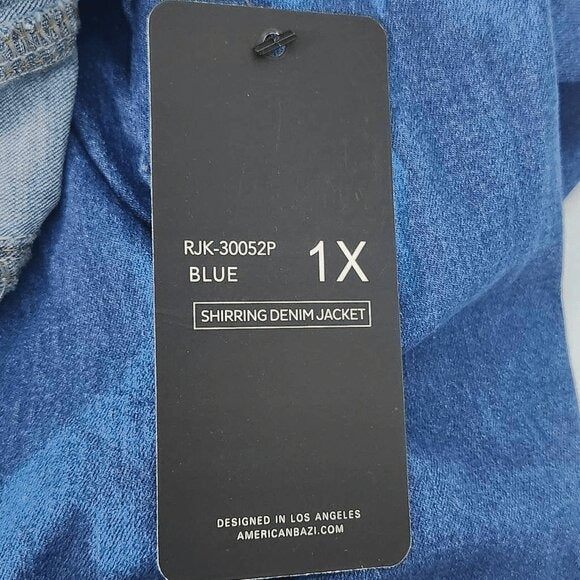 American Bazi Cropped Denim Jacket Size 1X Scrunched Sleeve Jean Jacket New