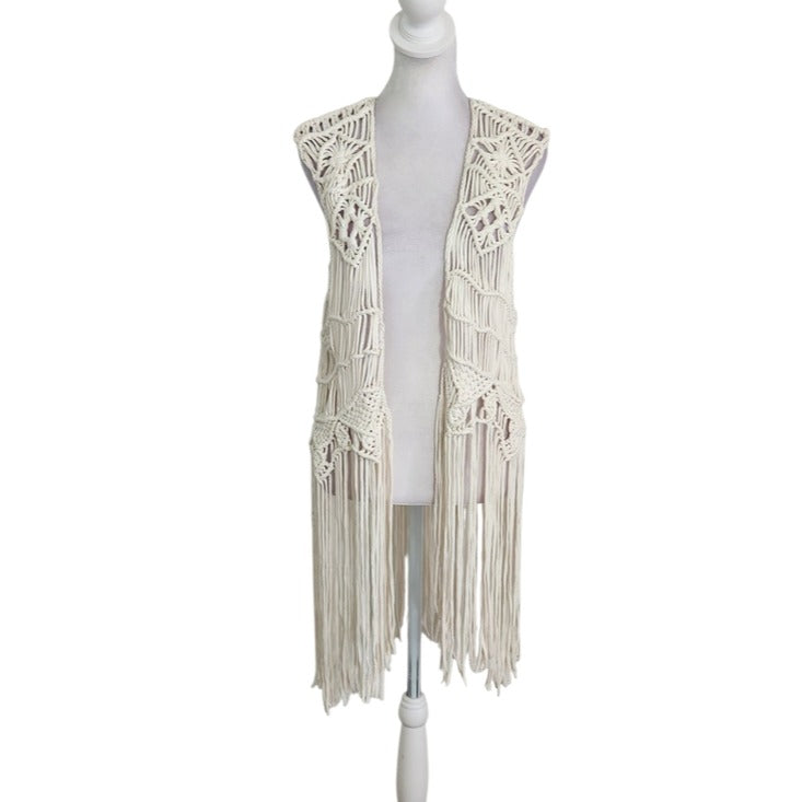 H&M Coachella Cream Macrame Fringe Boho Vest Size Large