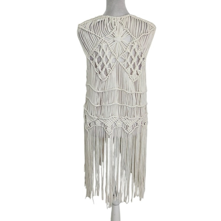 H&M Coachella Cream Macrame Fringe Boho Vest Size Large