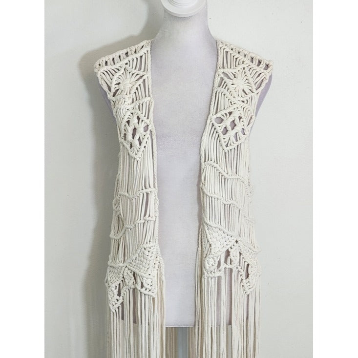 H&M Coachella Cream Macrame Fringe Boho Vest Size Large
