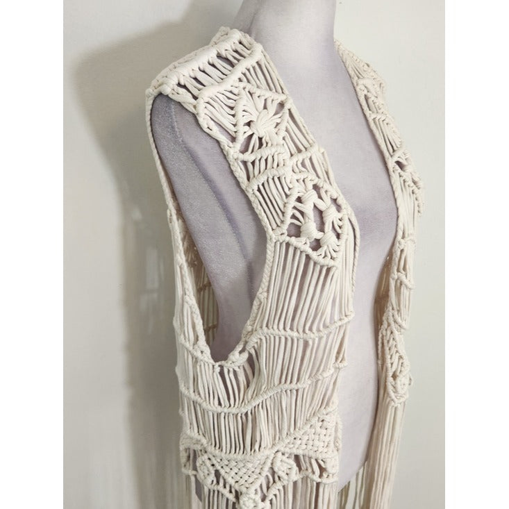 H&M Coachella Cream Macrame Fringe Boho Vest Size Large