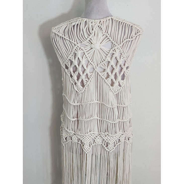 H&M Coachella Cream Macrame Fringe Boho Vest Size Large