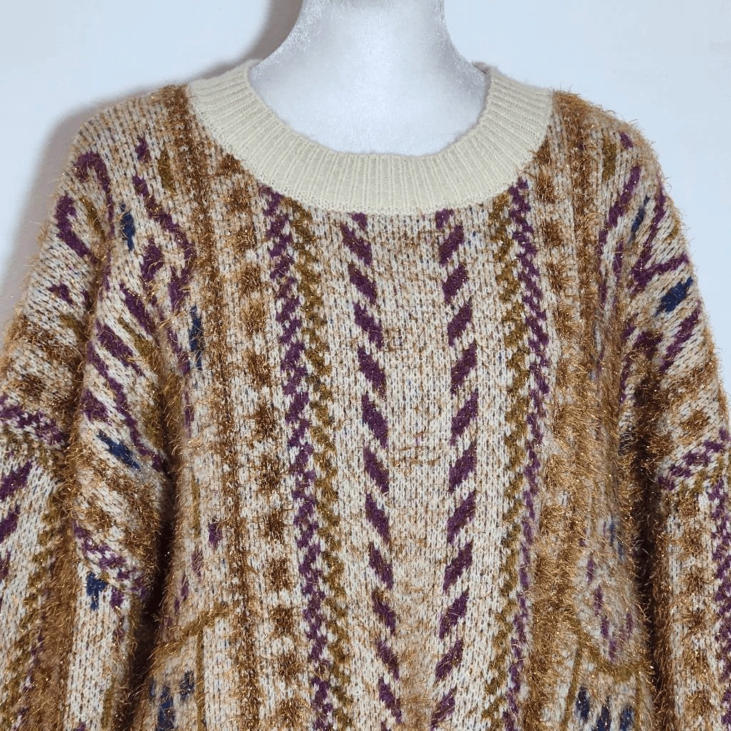New In Brown and Purple Oversized Sweater with Metallic Accent Size Large