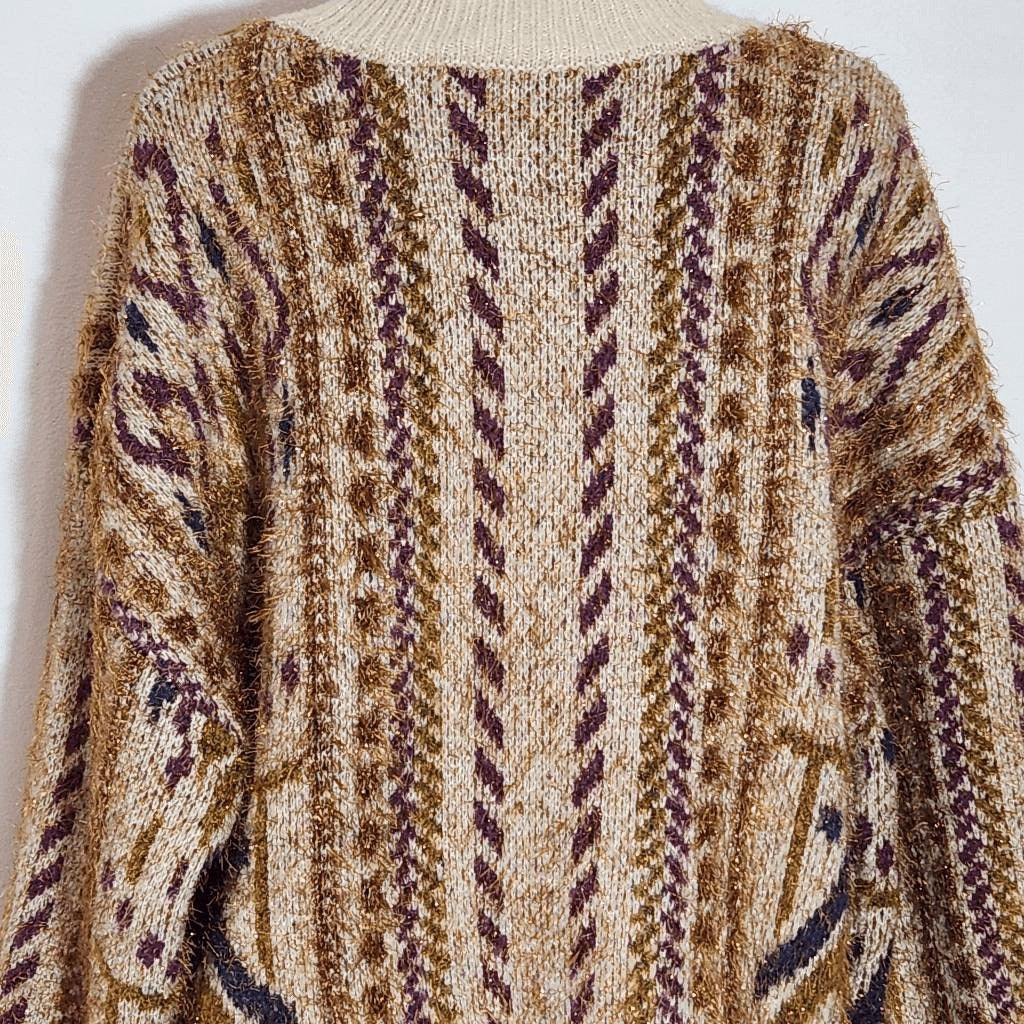 New In Brown and Purple Oversized Sweater with Metallic Accent Size Large