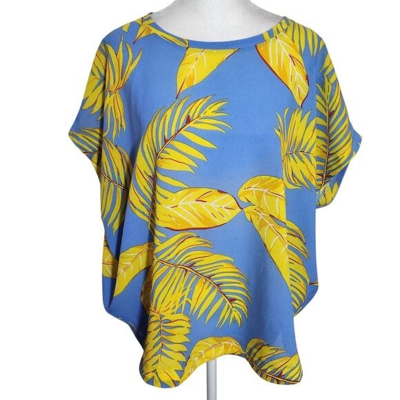 Joy Joy Blue and Yellow Tropical Print Dolman Sleeve Blouse Size Medium