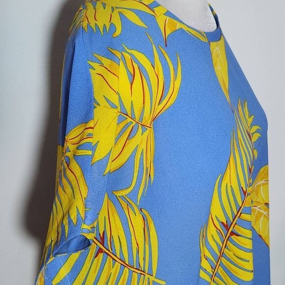 Joy Joy Blue and Yellow Tropical Print Dolman Sleeve Blouse Size Medium