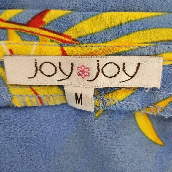 Joy Joy Blue and Yellow Tropical Print Dolman Sleeve Blouse Size Medium