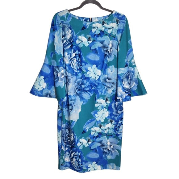 Calvin Klein Blue Floral Print Sheath Dress Size 6 Wedding Guest Dress