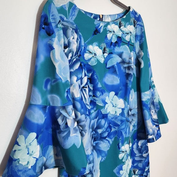 Calvin Klein Blue Floral Print Sheath Dress Size 6 Wedding Guest Dress