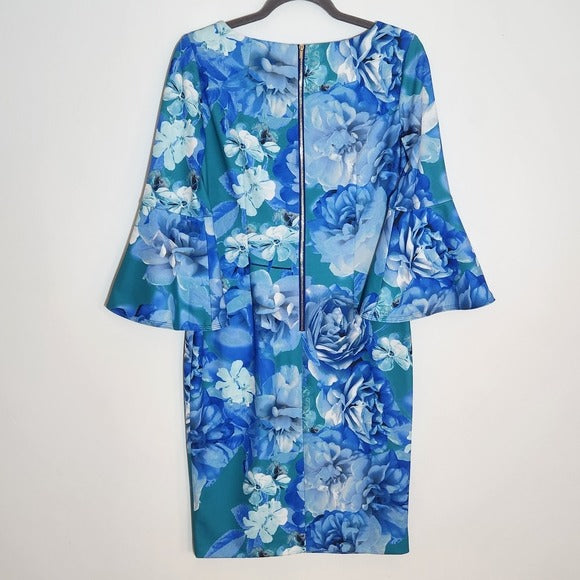 Calvin Klein Blue Floral Print Sheath Dress Size 6 Wedding Guest Dress
