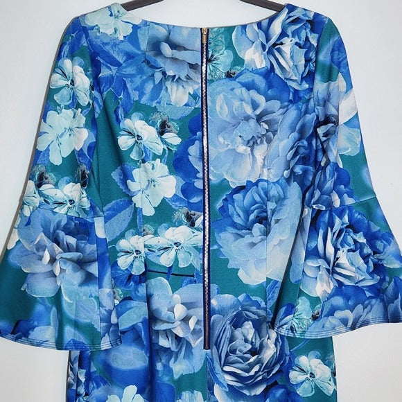 Calvin Klein Blue Floral Print Sheath Dress Size 6 Wedding Guest Dress