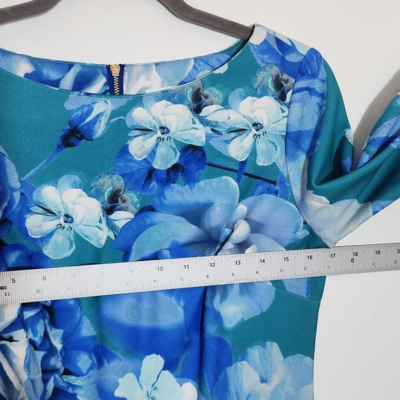 Calvin Klein Blue Floral Print Sheath Dress Size 6 Wedding Guest Dress