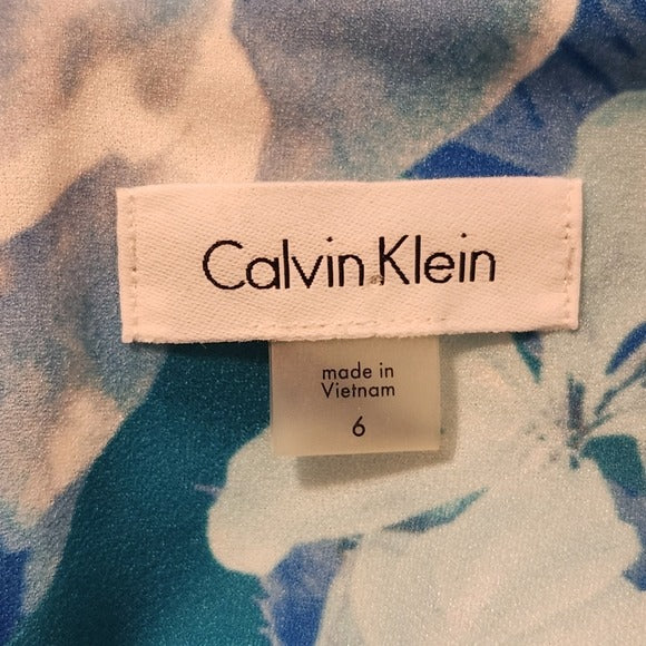 Calvin Klein Blue Floral Print Sheath Dress Size 6 Wedding Guest Dress