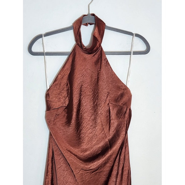 Lulus Brown Satin Halter Maxi Dress Size Large NWT Wedding Guest Dress