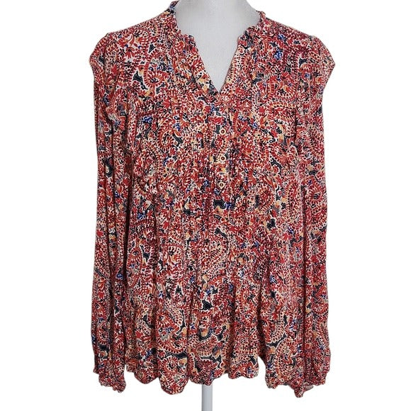 Democracy Long Sleeve Red Paisley Boho Blouse with Pintucking Size Large