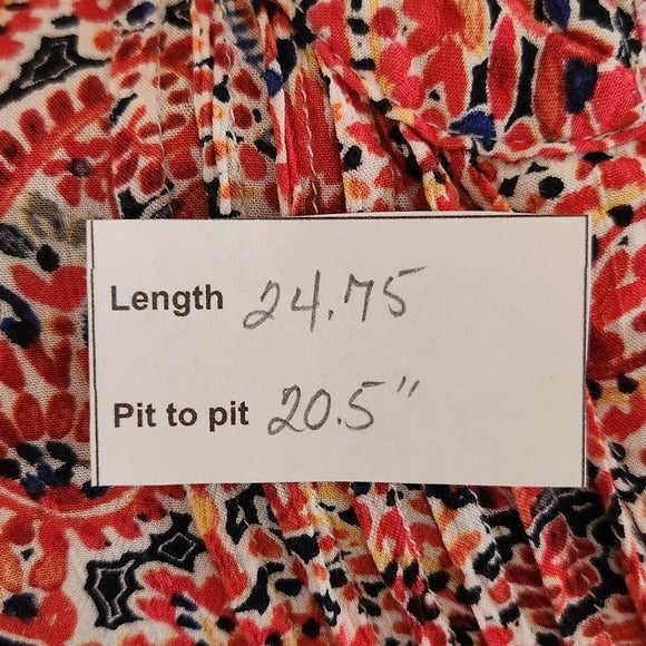 Democracy Long Sleeve Red Paisley Boho Blouse with Pintucking Size Large