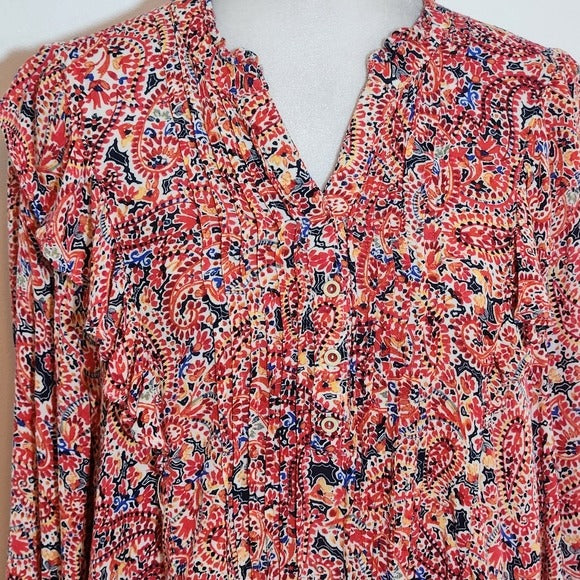 Democracy Long Sleeve Red Paisley Boho Blouse with Pintucking Size Large