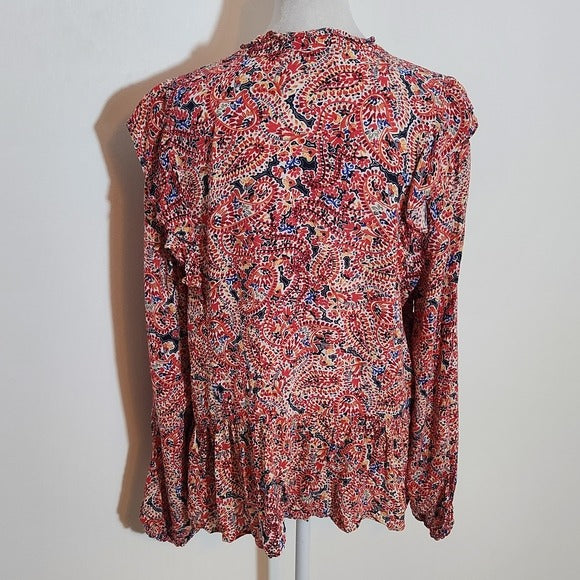 Democracy Long Sleeve Red Paisley Boho Blouse with Pintucking Size Large