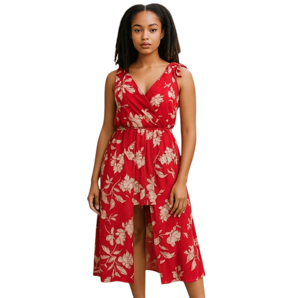 Trixxi Red Floral Midi Romper Size Medium Trixxi Walk Through Midi Dress