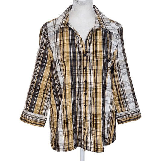 Christopher & Banks Brown Plaid Button Down Shirt Size Medium Textured Plaid Top