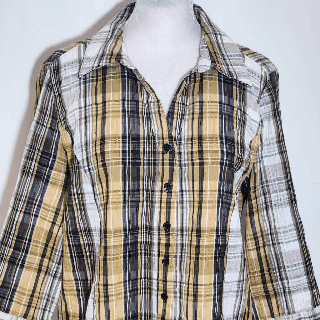 Christopher & Banks Brown Plaid Button Down Shirt Size Medium Textured Plaid Top