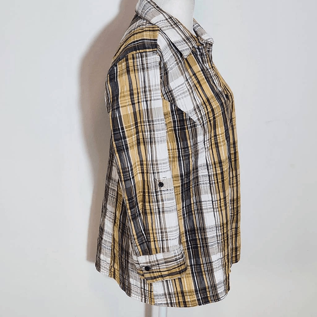 Christopher & Banks Brown Plaid Button Down Shirt Size Medium Textured Plaid Top