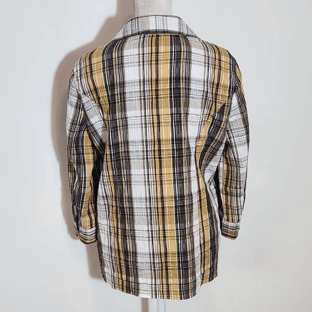Christopher & Banks Brown Plaid Button Down Shirt Size Medium Textured Plaid Top