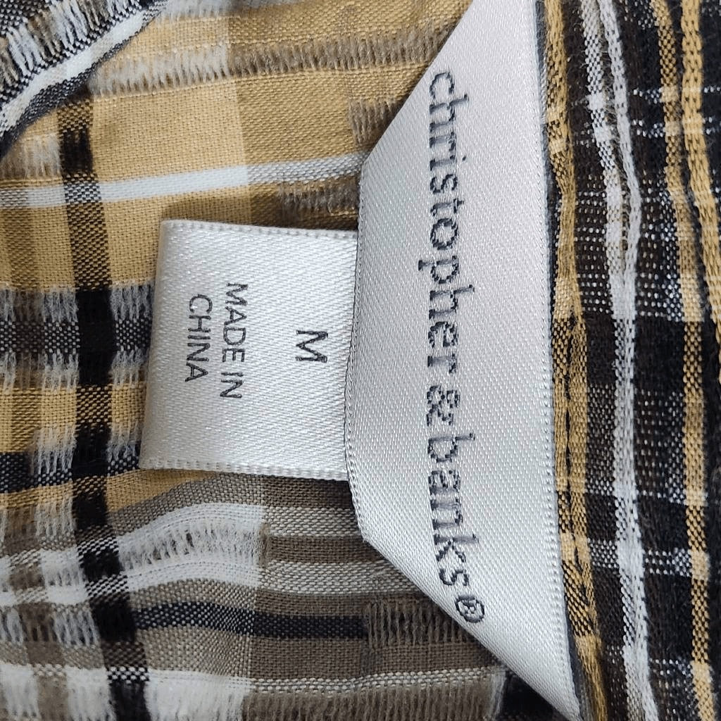 Christopher & Banks Brown Plaid Button Down Shirt Size Medium Textured Plaid Top