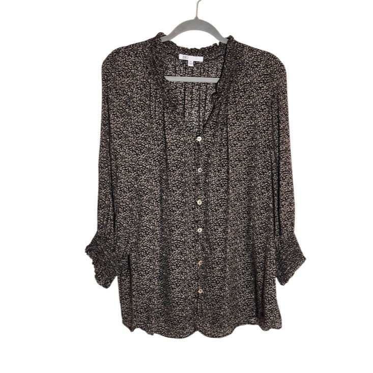 DR2 Black and Tan Print Button-Up V-Neck Blouse Size 3X