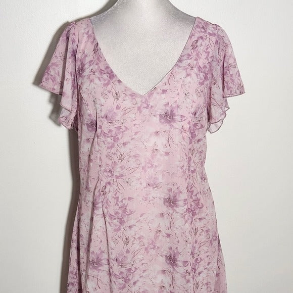Dizzy Lizzy Asymmetrical Pink Floral Print Dress Size Large Wedding Guest Dress