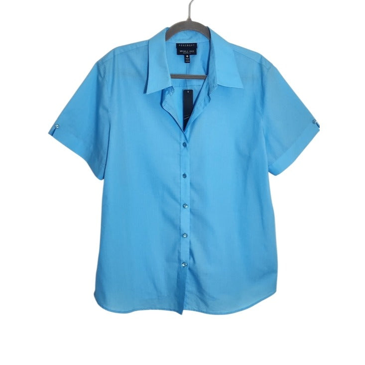 Foxcroft Womens Blue Short Sleeve Button-Down Shirt Size 18 NWT Flaw
