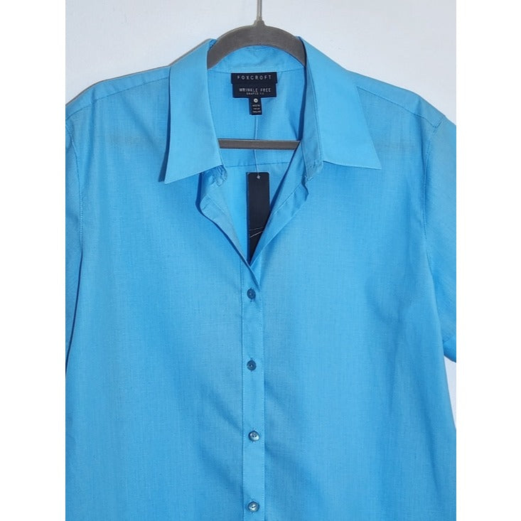 Foxcroft Womens Blue Short Sleeve Button-Down Shirt Size 18 NWT Flaw